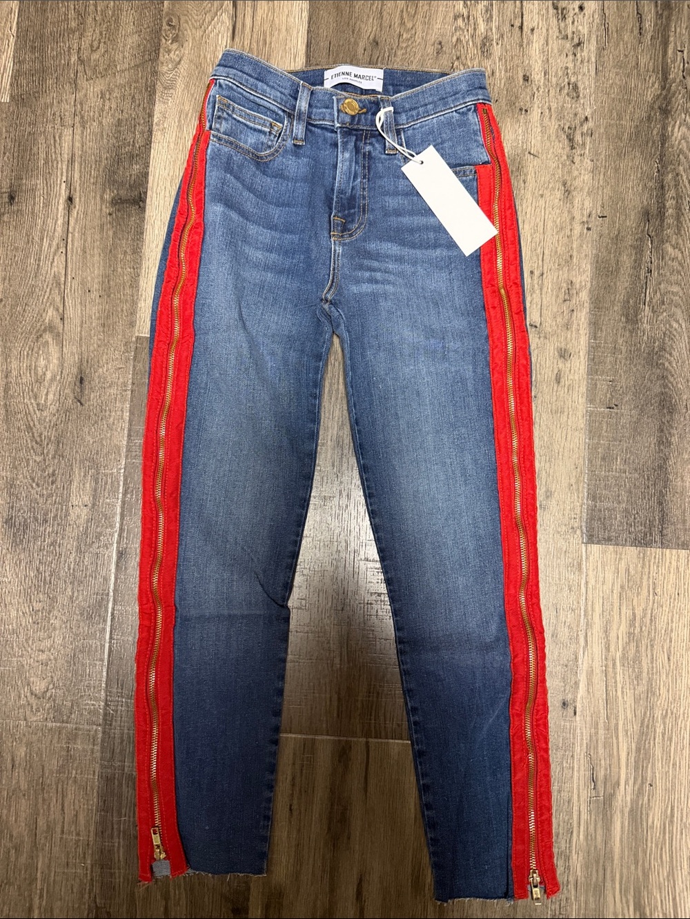 Etienne Marcel Red Tuxedo Stripe Full Side Zip Skinny Jeans Size 24 Raw Hem NWT